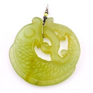 Hand Carved Serpentine Stone Fish Pendant Sterling Silver Bail Artisan Made Foca